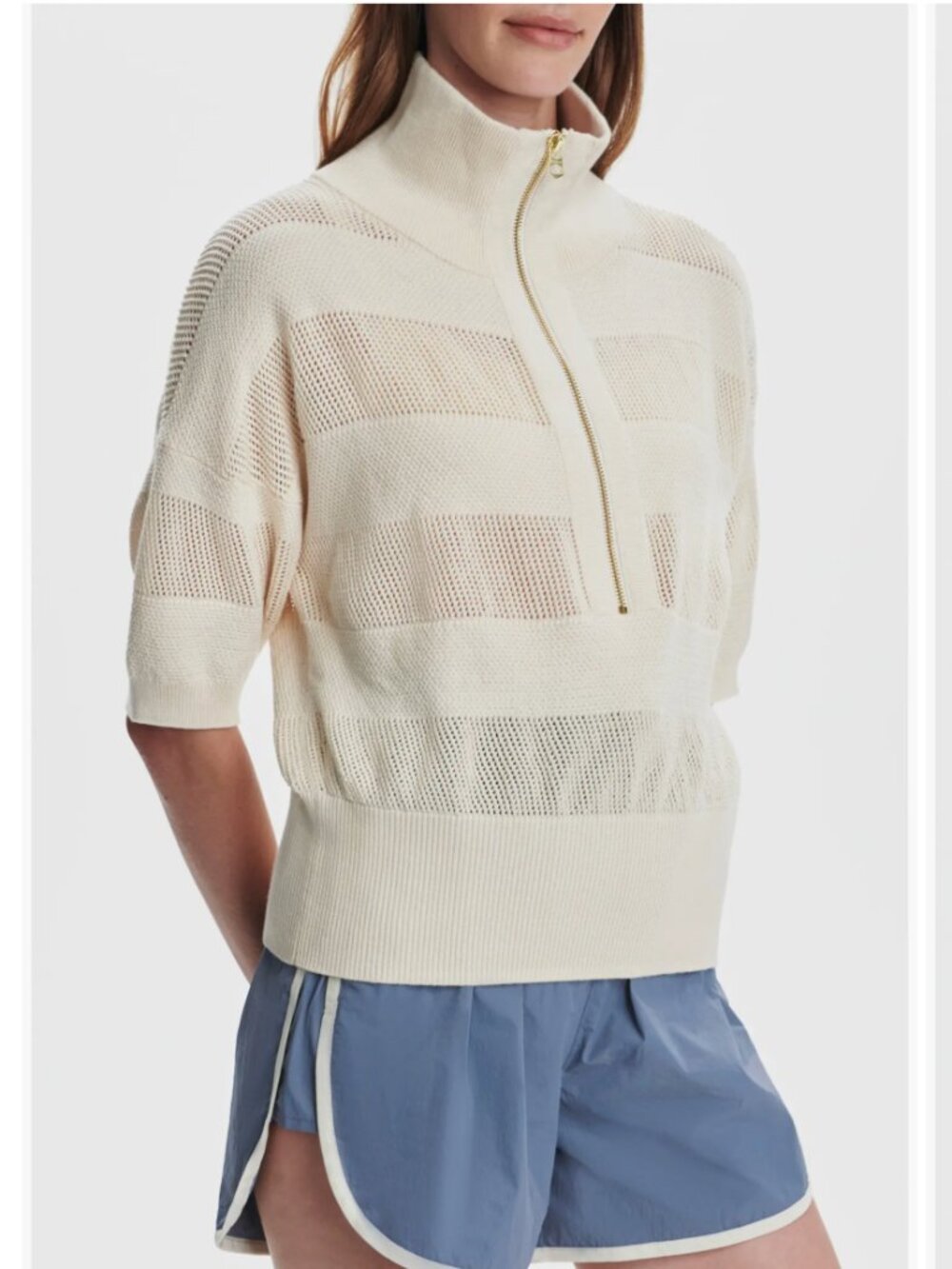 Varley Kembria Mesh Stripe Half Zip Short Sleeve Top - Off White - Size M (EUC)